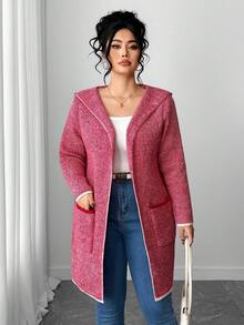 EMERY ROSE Plus Size Stylish High-End Jacquard Contrast Color Wool Cardigan - Burgundy - View 5