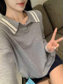 DAZY 女式条纹高领长袖休闲毛衣，秋冬 - 灰色 - 查看 8