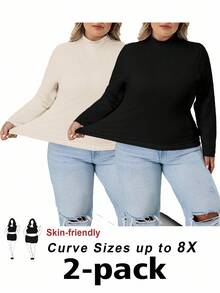 SHEIN CURVE+ 大码女式纯色立领长袖休闲宽松T恤 女式大码上衣 曲线款大码上衣 大码高领上衣 8XL 女装 大码长袖上衣 曲线款上衣 大码上衣 两件套 女式大码曲线款上衣/秋冬 - 杏色 - 查看 1