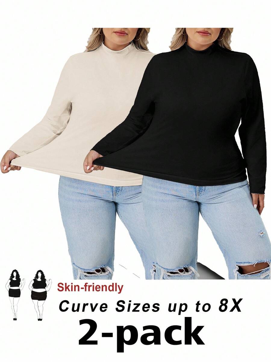 SHEIN CURVE+ 大码女式纯色立领长袖休闲宽松T恤 女式大码上衣 曲线款大码上衣 大码高领上衣 8XL 女装 大码长袖上衣 曲线款上衣 大码上衣 两件套 女式大码曲线款上衣/秋冬 - 杏色 - 查看 1