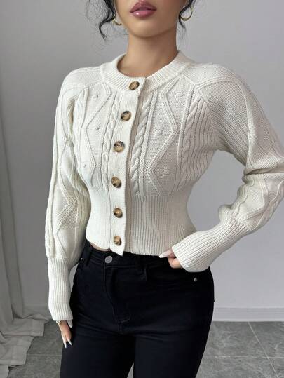 Elenzga 여성용 빈티지 텍스처 니트 크롭 가디건, 크루넥, 피티드, 살구색, 부드럽고 아늑함, 긴소매, 캐주얼 데일리 웨어, 가을/겨울용