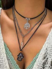 ROMWE Goth Set de 3 collares con cuentas negras de estilo gótico, corazón rojo y cruz roja, regalo de Halloween - Plata-Y - Ver 2