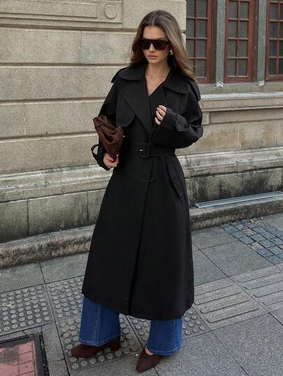 EMERY ROSE 女士纯色双排扣时尚百搭简约风衣长款风衣女长款风衣女式黑色风衣女式秋冬风衣