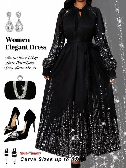 SHEIN CURVE+ 大码女式钥匙孔领亮片印花长袖优雅连衣裙