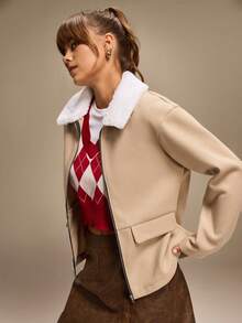 Hanevo 女士休闲拉链外套，带毛领，长袖，秋冬款 - 杏色 - 查看 7