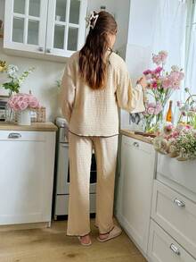 Snug Reverie 撞色滚边纹理长袖上衣和裤子家居服套装，舒适休闲装，秋冬服装 - 米色 - 查看 4