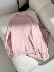 SHEIN Bộ 2 món trang phục thường ngày cho bé gái, áo nỉ cổ bẻ tay dài có khóa kéo kiểu Polo dáng rộng thoải mái và quần ống rộng, bộ đồ thể thao mặc hàng ngày và tập luyện - Hồng - Xem 2