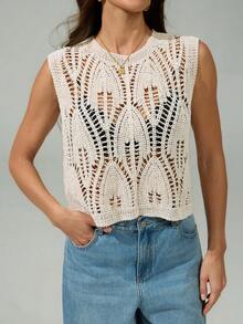 SHEIN Tall 女士纯色圆领无袖镂空针织上衣，秋季款 - 米色 - 查看 3