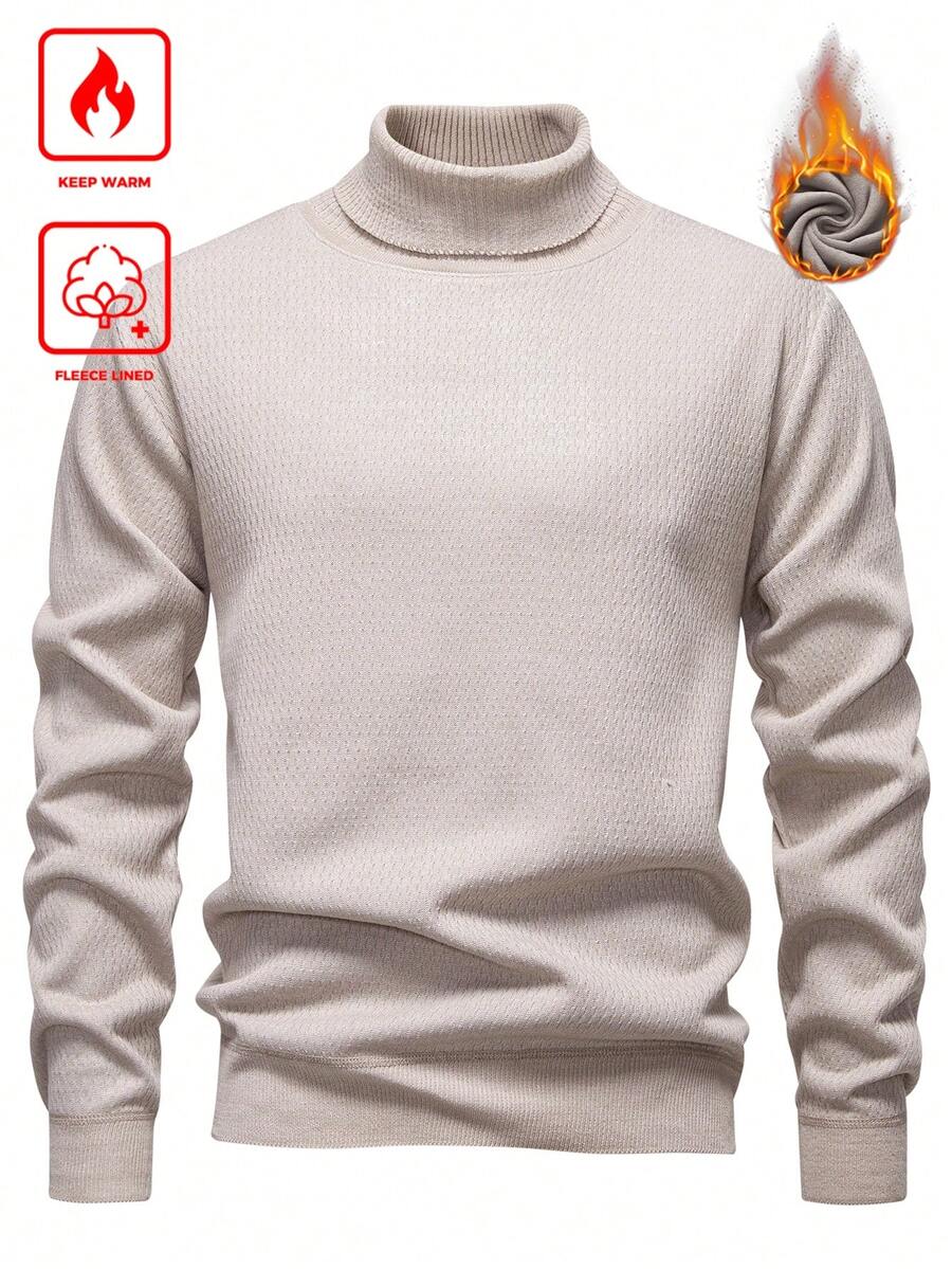 Calvornis 男士休闲日常通勤简约纯色高领毛衣，秋冬季长袖上衣 - 米色 - 查看 1