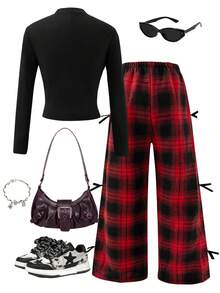 SHEIN Explorewe 2pcs/Set Tween Girl Streetwear Tee & Pants Set, Mock Neck Long Sleeve T-Shirt With Bow & Leopard Print, Casual Pants - Multicolor - View 2