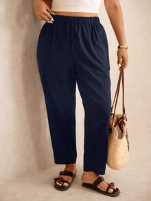 Elaquor Plus Size Women Solid Color Elastic Waist Casual Capri Pants With Pockets - Dark Wash - View 6