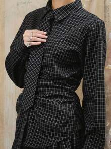 COUREZ 收腰格纹黑色衬衫，前系带设计 / Y2K 秋冬女装休闲外出上衣性感派对上衣优雅女士衬衫格纹衬衫 - 黑色 - 查看 7