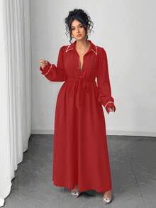 Elenzga 大码优雅通勤连衣裙，配珍珠和水钻装饰 - 紅色 - 查看 4