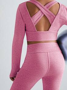 SHEIN Young Girls 2 Pieces Set With Long Sleeve Top With Criss-Cross Back Cutout Design And Skinny Pants, Suitable For Casual Everyday Wear, All Seasons, School, Campus, College - Hot Pink - View 7