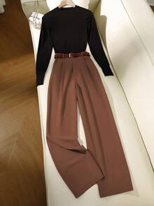 SHEIN Franclia 2pcs Women's Fashionable Casual High-Quality Ribbed Top And Solid Color Pants Set, Spring/Autumn - Multicolor - View 3