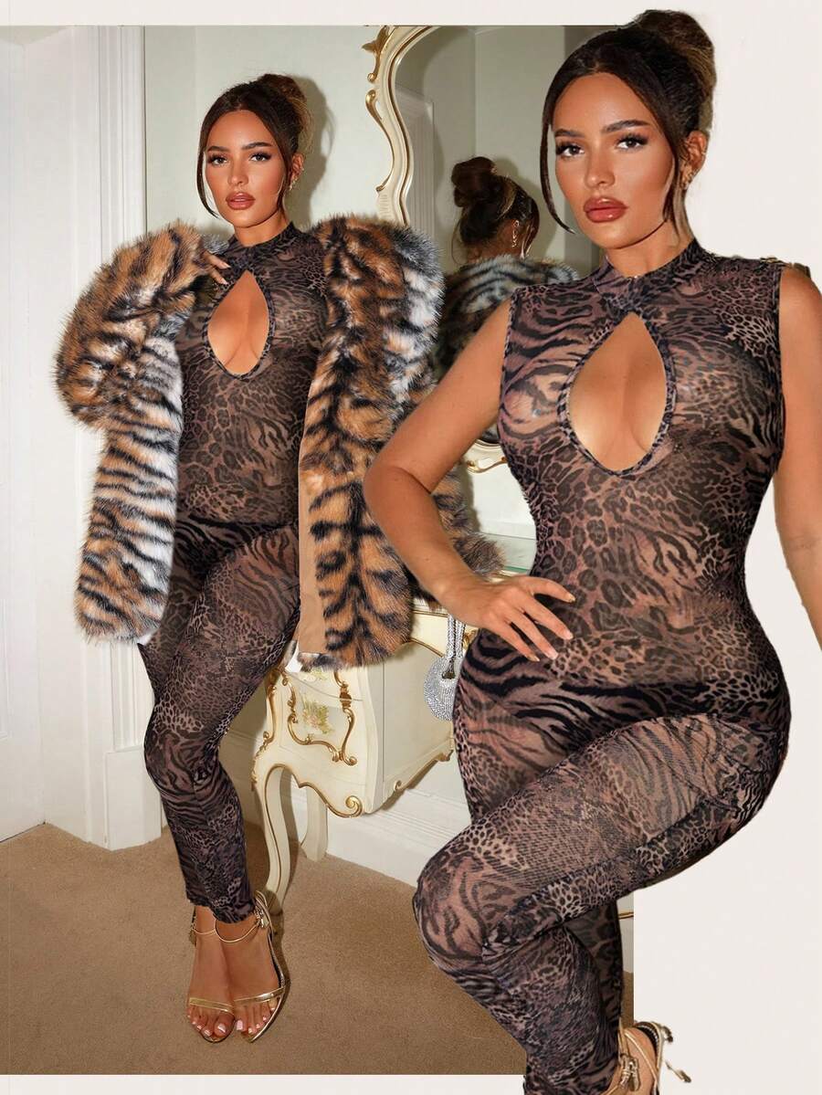 SHEIN SXY 女士豹纹斑马纹性感网纱镂空连体衣 - 鏽棕色 - 查看 1