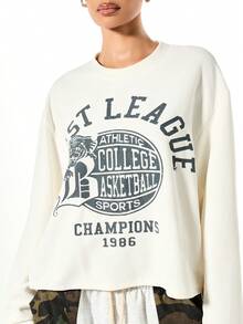 SUMWON WOMEN Vintage College Basketball Champions Long Sleeve Graphic Tee With Distressed Print Design - White - View 6