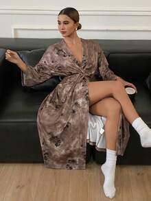 DAZY 中国风扎染女长袍 - 棕色 - 查看 3