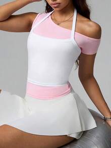 Gameset SHEIN Sport Women's White And Pink Colorblock Sleeveless Tee,Tight Fit Summer Athleisure Gym Top For Casual Wear,Running,Yoga,Tennis & Sports Activities - Multicolor - View 6