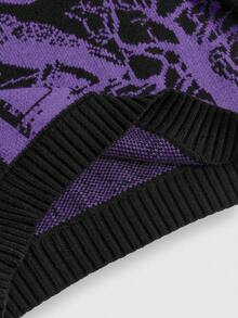 ROMWE Goth 哥特式深色高领保暖乌鸦墓地月亮蝙蝠树枝提花黑色灯笼袖女式毛衣 - 黑色 - 查看 5