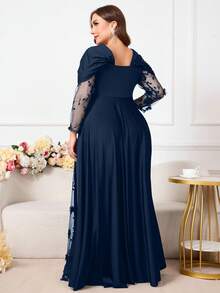 Reflora Plus Size Women Floral Embroidery Mesh Patchwork Asymmetrical Shoulder Elegant Dress - Navy Blue - View 7