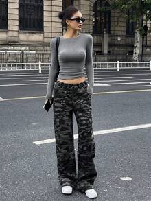 DAZY Quần Cargo họa tiết caro Mỹ cổ điển, dáng suông rộng rãi, nhiều túi, giặt phai màu, mặc thường ngày & đa năng dành cho nữ Quần Jeans Nữ - xanh quân đội - Xem 4