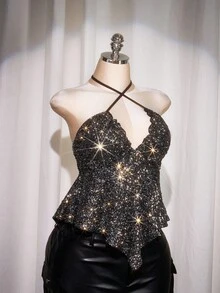 SHEIN ICON Áo hở lưng sequin chéo cỡ lớn, thích hợp cho tiệc tùng, hẹn hò, Y2K, Giáng sinh - Nhiều màu - Xem 4