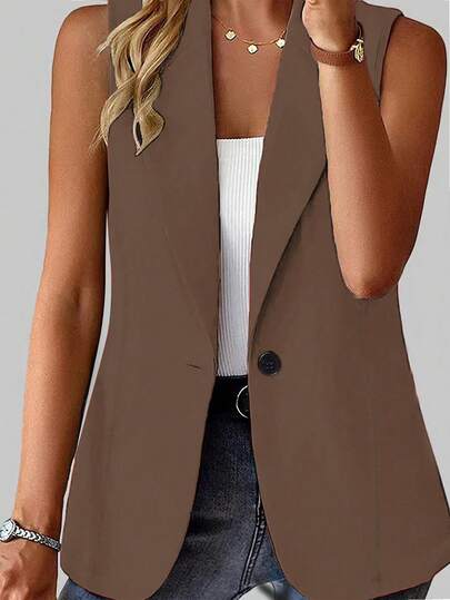 Vionelle Plus Size Brown Sleeveless Shawl Collar Vest With Button Detail Regular Length Woven Fabric Blazer For Women