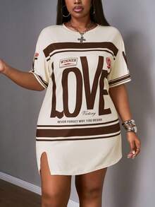 Slaydiva Plus Size Early Spring Vacation Casual Pink Side Slit Drop Shoulder Short Sleeve Dress - Brown - View 4
