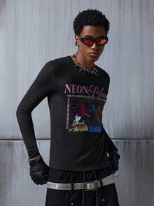 NEON BLANC 男式紧身图案 T 恤反光徽标印花长袖圆领上衣 - 黑色 - 查看 2