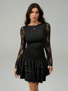 SHEIN Tall 女式新款黑色蕾丝拼布多层荷叶边下摆迷你连衣裙，秋季女装 - 黑色 - 查看 11