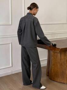 DAZY 秋冬新款宽松休闲做旧洗水收腰女式牛仔套装 - 深灰色 - 查看 3