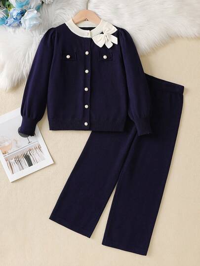 Sparklyn Tween Girls Sweet Heavy-Duty 3D Handmade Bow Sweater Set, Loose & Versatile Temperament Knitted Cardigan + PTwo PiecesPiece, Girls' Gentle & Cute Long-Sleeve Sweater Outfit, Suitable For Daily Wear, Outings & Travel, Autumn & Winter Sweater