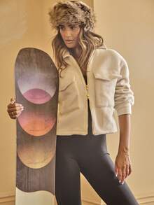 Aralina Áo khoác len pha khóa kéo ngắn có túi nắp phía trước, cổ bẻ, áo khoác ngoài cổ điển đường phố - Màu be - Xem 10