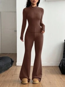 Coolane 女士秋冬街头休闲运动风基本款极简针织保暖/御寒/保暖四分之一拉链法式灰修身长袖高领T恤和喇叭裤两件套，带抓绒内衬 - 棕色 - 查看 3