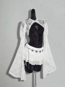 SHEIN ICON 女式哥特式蕾丝喇叭袖长下摆万圣节服装T恤 - 白色 - 查看 5