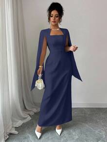 Elenzga 女士优雅方领收腰直筒连衣裙，袖口饰有珍珠链，适合婚礼、派对、音乐节等场合。 - 藏蓝色 - 查看 3