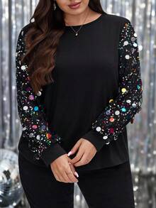 SHEIN LUNE Áo đen chắp vá sequin dáng rộng cỡ lớn, áo sequin lấp lánh mùa đông thu 2025 năm mới Giáng sinh - màu đen - Xem 4