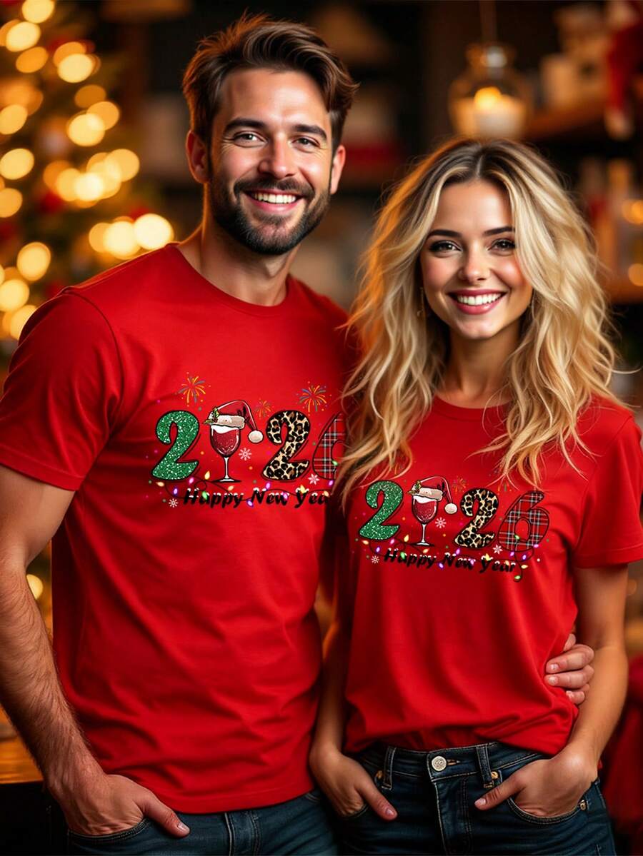 Manfinity Homme 男士2026图案圣诞新年T恤，适合家庭聚会、情侣约会、送给男友/老公的礼物 - 紅色 - 查看 1