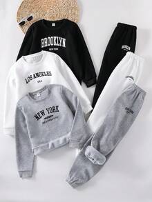 SHEIN Explorewe 儿童三件套男童服装，时尚休闲美式字母印花圆领卫衣搭配宽松抽绳腰运动裤，百搭款式，适合圣诞节、万圣节、秋冬季穿着。 - 彩色 - 查看 1