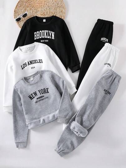 SHEIN Explorewe KIDS 3-Piece Boys Outfit Set, Fashionable Casual American Letter Print Crew Neck Sweatshirt And Loose Drawstring Waist Sports Pants, Versatile Fit, Suitable For Christmas, Halloween, Autumn/Winter