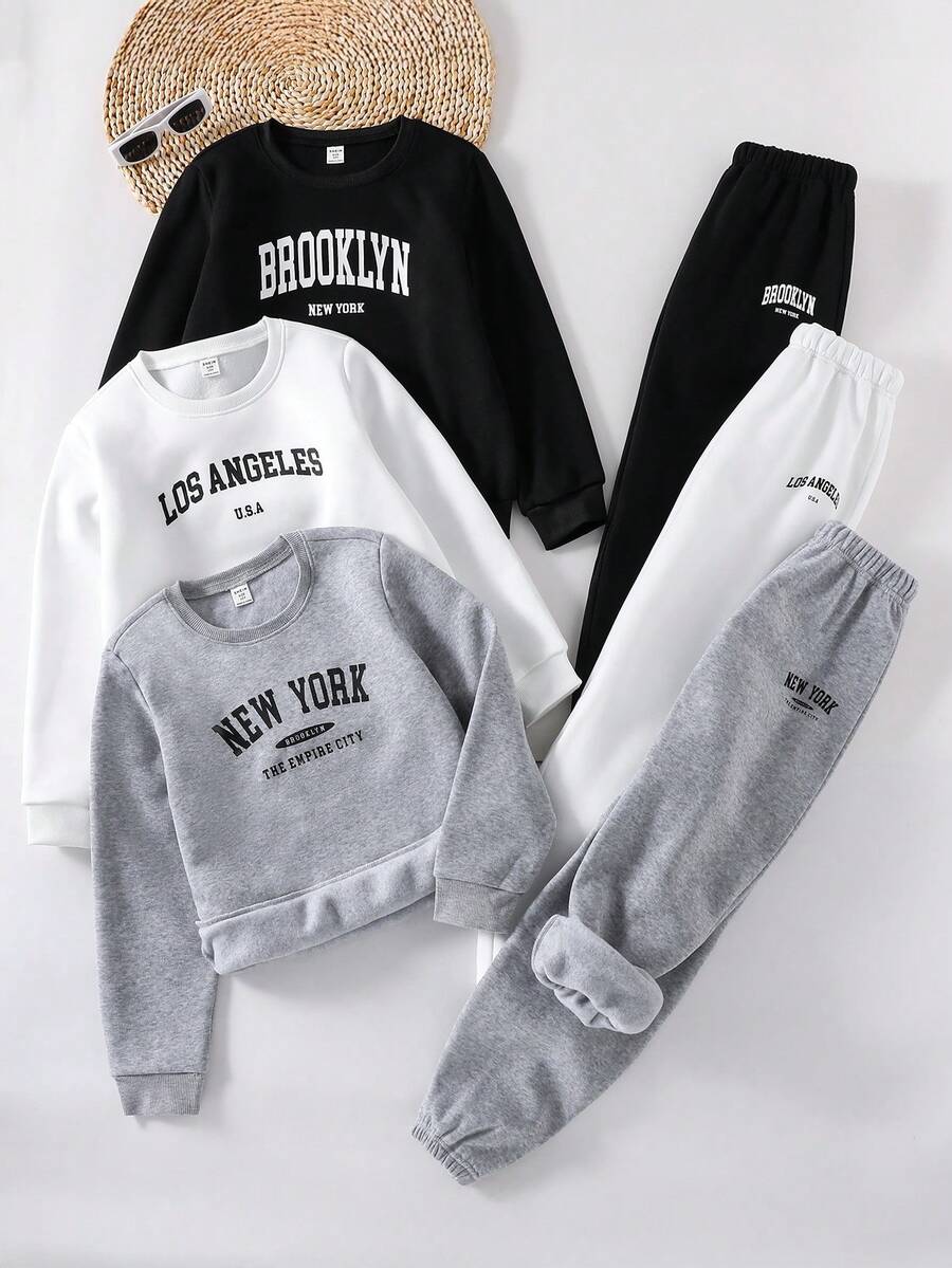 SHEIN Explorewe 儿童三件套男童服装，时尚休闲美式字母印花圆领卫衣搭配宽松抽绳腰运动裤，百搭款式，适合圣诞节、万圣节、秋冬季穿着。 - 彩色 - 查看 1