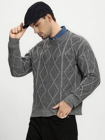 Manfinity CityGents Men's Casual Everyday Cable Knit Crew Neck Sweater, Autumn/Winter Knit Jersey Jumper For Men, Long Sleeve Top