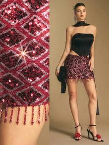 Poéselle Minifalda con cremallera en la espalda, con lentejuelas rojas y flecos, falda de lentejuelas, falda brillante para fiestas, Año Nuevo, Navidad, fiestas, elegante, adecuada para uso diario, fiestas, salir, ir y venir, otoño/invierno