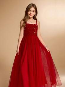 Rochie lungă cu paiete și bretele contrastante din plasă pentru fetițe, pentru nuntă, petrecere de ziua de naștere, Crăciun, absolvire - Burgundia - Vizualizare 6