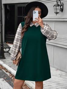 SHEIN LUNE 大码女式秋冬格子图案撞色袖衬衫领长袖休闲连衣裙感恩节装扮节日派对连衣裙女式派对连衣裙 - 綠色 - 查看 4
