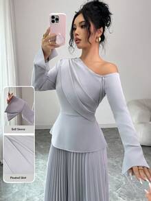 Modelyn 法式優雅設計斜領百褶女款裙 - 灰色 - 查看 3