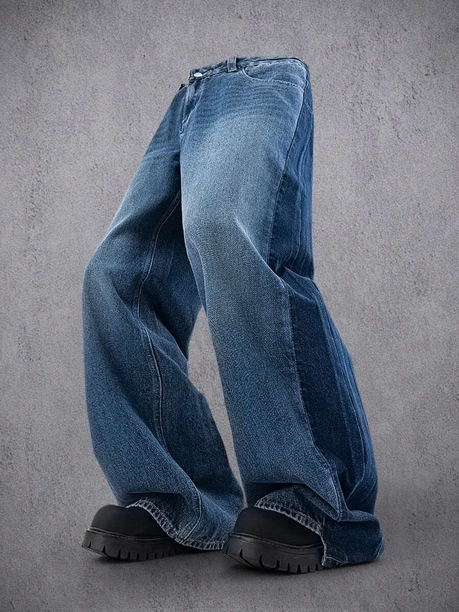 PAVTROS Men's Loose Fit Pockets Wide Leg Casual Versatile Jeans Loose Wide Leg Washed COUPLE Blue Street For Boyfriend & Husband Baggy Blue Jeans Men - Blue - View 1