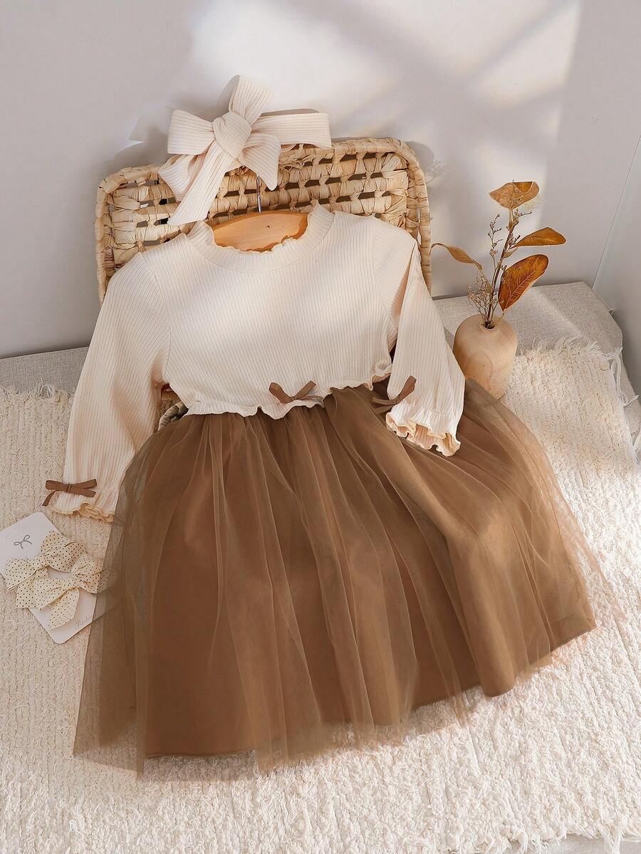 SHEIN Playful Pals Baby Girls' Ribbed Crew Neck Puff Sleeve Dress With Bow Waist, Ruffle Hem, Autumn/Halloween Holiday Occasion - Brown - View 1