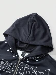 ROMWE MEN Street Life Men's Street Graphic Print Hooded Sweatshirt Long Sleeve Sweatshirt, Casual Wear - Black - View 4